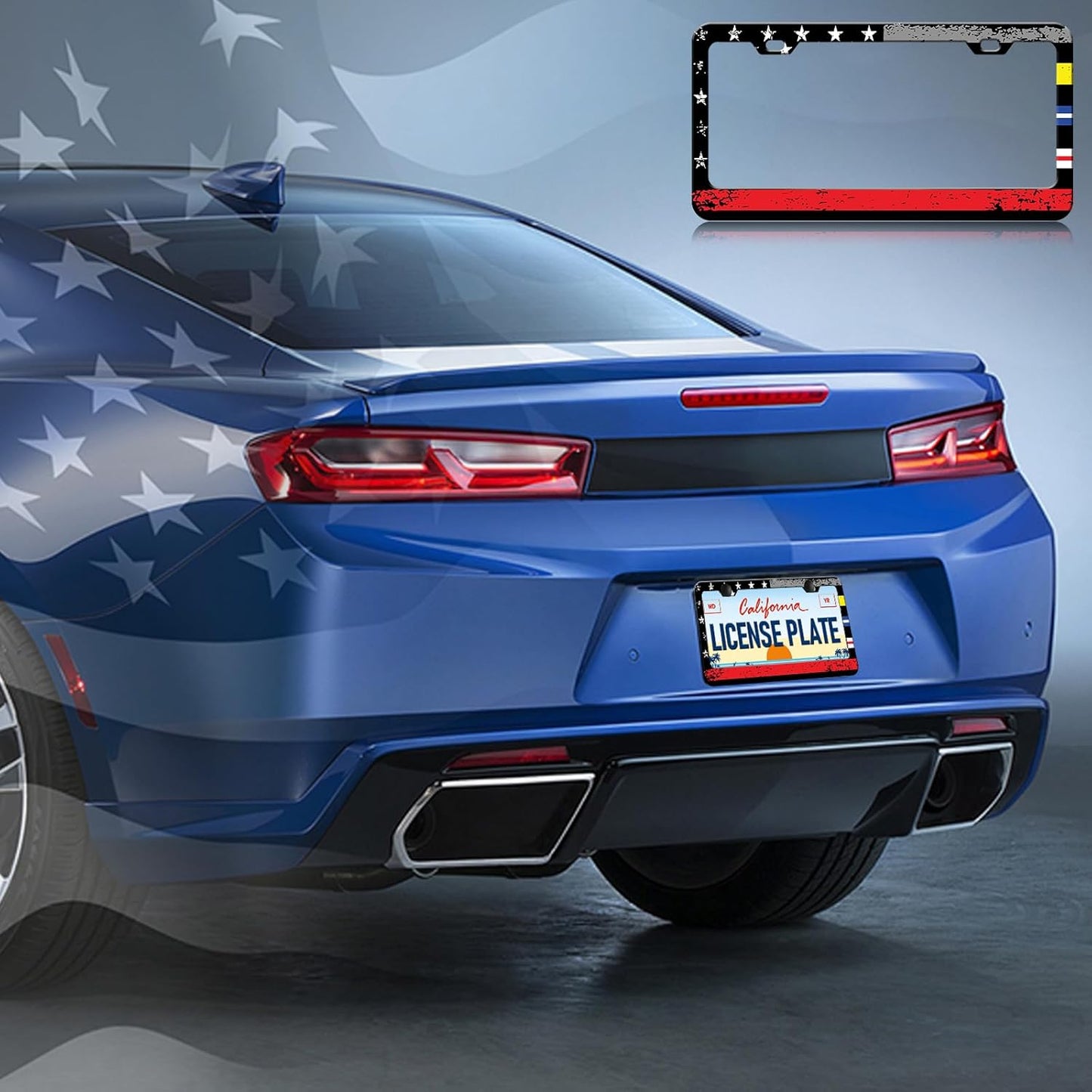 American Flag License Plate Frames - 2 Pack Colorful US Flag Stainless Steel License Plate Holder,Rust-Proof Waterproof Car Decorative Tag Frame with Screws Fasteners Caps