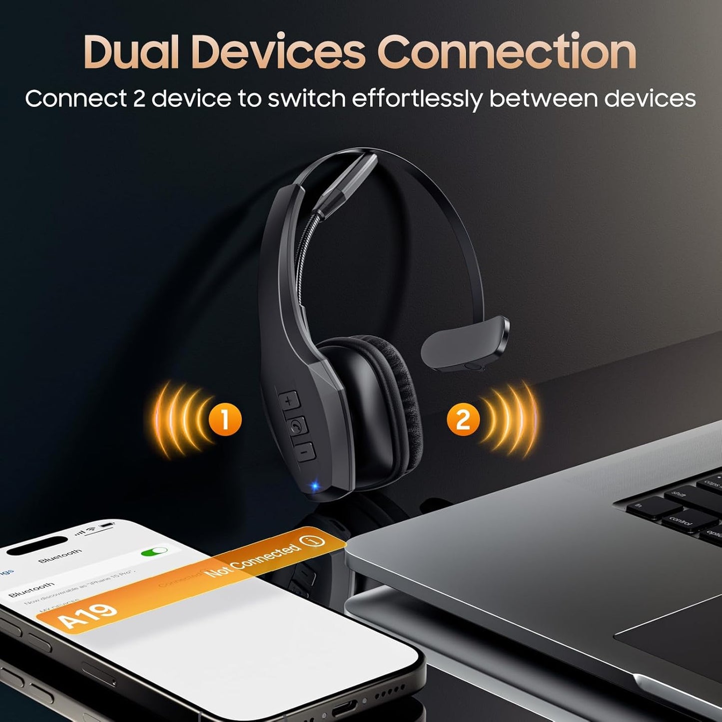 Trucker Bluetooth Headset, Wireless Headset with Mic, Bluetooth Headsets with Dual Noise Cancelling Microphone & Mute Button, 55Hrs Working Time PC Headsets for Cell Phones, Computer, Truck Driver