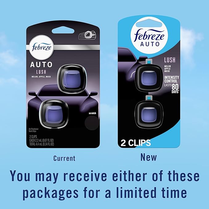 Febreze AUTO Air Freshener, Odor-Fighting Automotive Vent Clip, Lush Scent, 8 Count