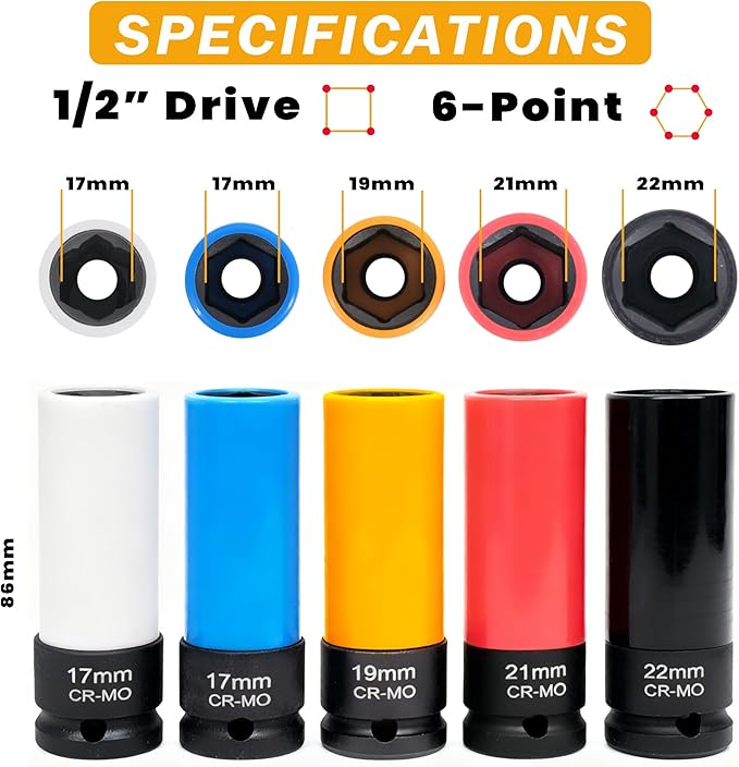 5 PCS 1/2 inch Drive Lug Nut Socket Set, Impact Flip Socket Set Non-Marring Thin Wall Wheel Nut Socket, Cr-Mo Steel, 4 pcs Universal 17mm, 19mm, 21mm, 22mm, 1 x 17mm for Benz Convex Flower Head Bolt