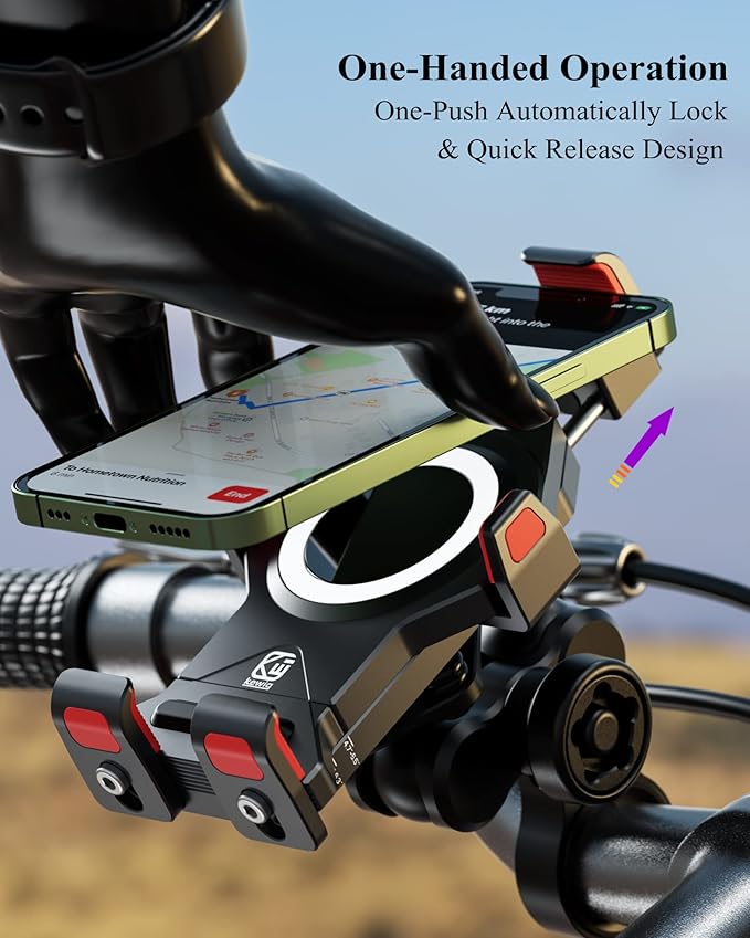 BRCOVAN Anti-Theft Aluminum Alloy Motorcycle Phone Mount with Vibration Dampener & High-Speed Secure Lock, Adjustable Bike Handlebar Cellphone Holder for Bicycle Scooter ATV, Fit 4.7-7.2'' Smartphone