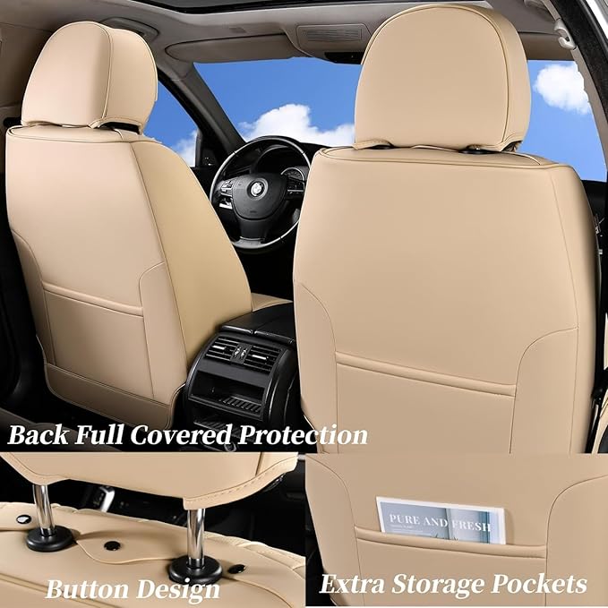 Coverado 9912 Car Seat Covers Full Set, Front Seat Cover and Back Seat Covers for Cars, Faux Leather Waterproof Seat Covers, Car Seat Covers Universal for Most Vehicles (Beige, FullSet)