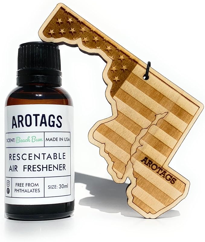 Arotags Car Air Freshener - Reusable Wood Diffuser - Hanging Odor Eliminator - Maryland Patriot - Beach Bum Scent