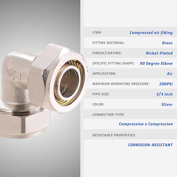 2PC 3/4’’ Elbow Air Piping Fittings, Brass-Nickel Plated, 200PSI, Air Fittings For Shop Garage Compressed Air line System Kit