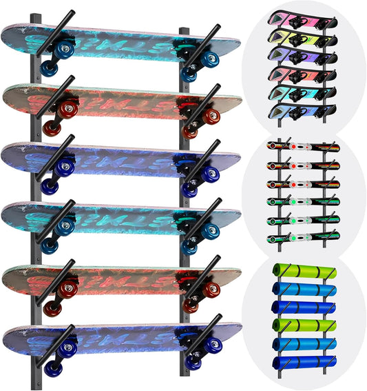 Skateboard Rack Wall Mount – Skateboard Wall Hanger, Snowboard Display Wall Mount, Ski Holder | 6-Floor Skateboard & Ski & Snowboard Storage Rack | Snowboard & Ski Lover Gifts