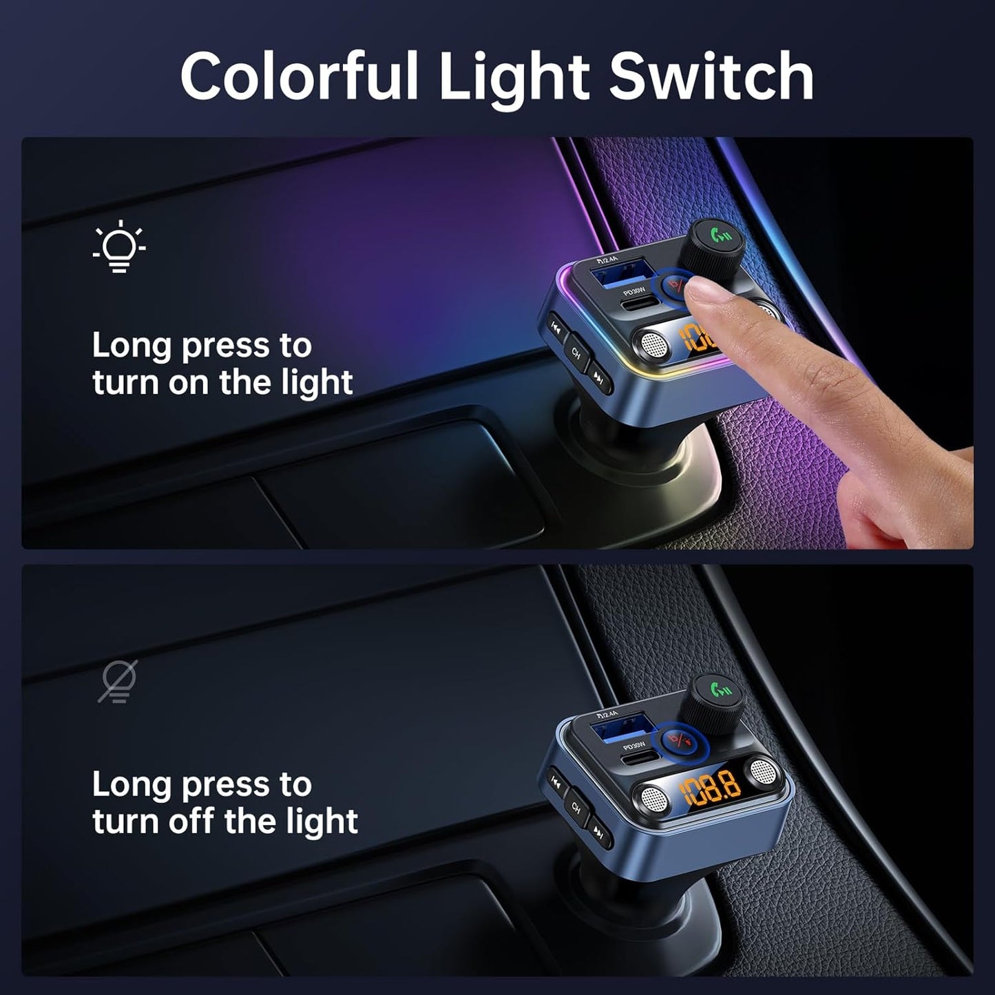 Syncwire Bluetooth 5.4 FM Transmitter Car Adapter 42W [Light Switch] [Stronger Dual Mics] [HiFi Bass Sound] [Fast Charging] Wireless FM Radio Music Adapter Hands-Free Calling Support USB Drive, Blue