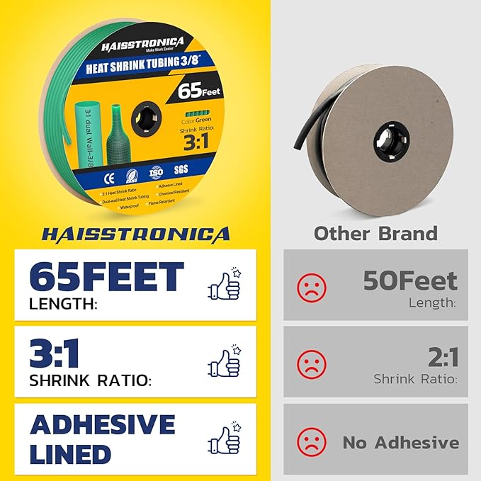 haisstronica 3:1 Heat Shrink Tubing, Shrink Ratio Adhesive Lined Marine Grade Heat Shrink Tube for Home, Automotive and Industrial (Green) 65FT 3/8inch
