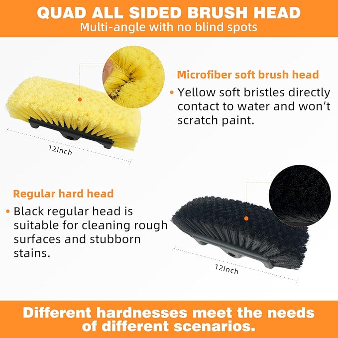 12FT/144inch Car Wash Brush with Long Handle Telescopic Pole Angle Adapter Car Cleaning Tool with 2 Pcs 12" Soft Bristle and Hard Bristle for Car Truck RV House Floor Window Glass Roof Pool