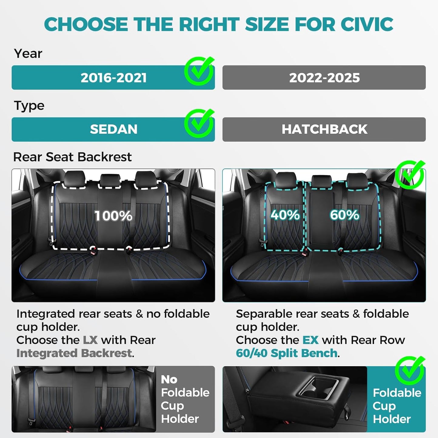 Seat Covers for Honda Civic Sedan EX-L, EX-T, EX, Touring, LX-P, Sport 2016 2017 2018 2019 2020 2021, Faux Leather Car Seats Cover Full Set(Rear Row 40/60 Split & Folding Backrest)-BlackBlue