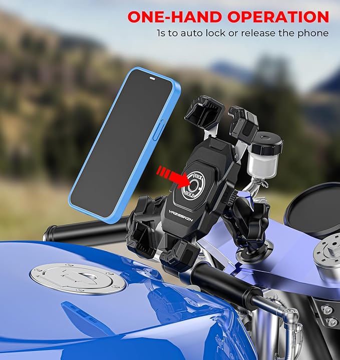 Motorcycle Fork Stem Phone Mount, 1s Auto Lock & Release, Anti-Theft Motorcycle Phone Holder with Aluminum Alloy 1" Ball Short Arm, for 12-25.4mm Diameter Fork Stems, for 5.4"-7" Cellphones