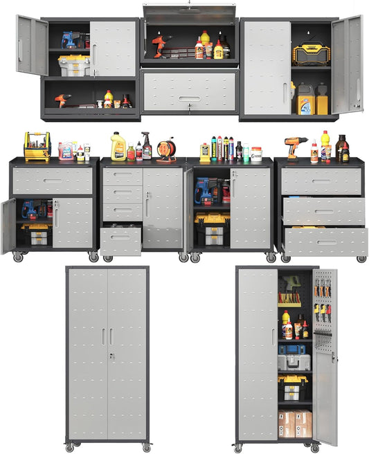 Metal Tool Cabinet,Garage Storage Cabinet System,Wall Cabinet & Locking Rolling Tool Cabinet with Doors and Adjustable Shelves,Steel Tool Cabinets for Home,Office (10 Pcs-StyleA, Black & Grey)