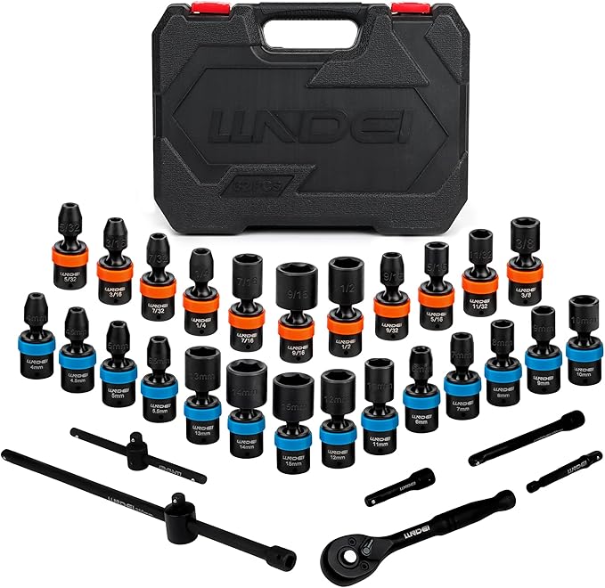 LLNDEI 1/4-Inch Drive Swivel Socket Set, 32 Pieces Standard SAE(5/32 to 9/16") Metric Size(4-15mm) CR-MO Wobble Sockets, 6 Point with Ratchet Wrench Handle, Extension Bars and Adapter