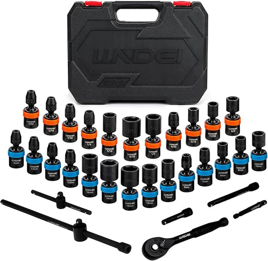 LLNDEI 1/4-Inch Drive Swivel Socket Set, 32 Pieces Standard SAE(5/32 to 9/16") Metric Size(4-15mm) CR-MO Wobble Sockets, 6 Point with Ratchet Wrench Handle, Extension Bars and Adapter