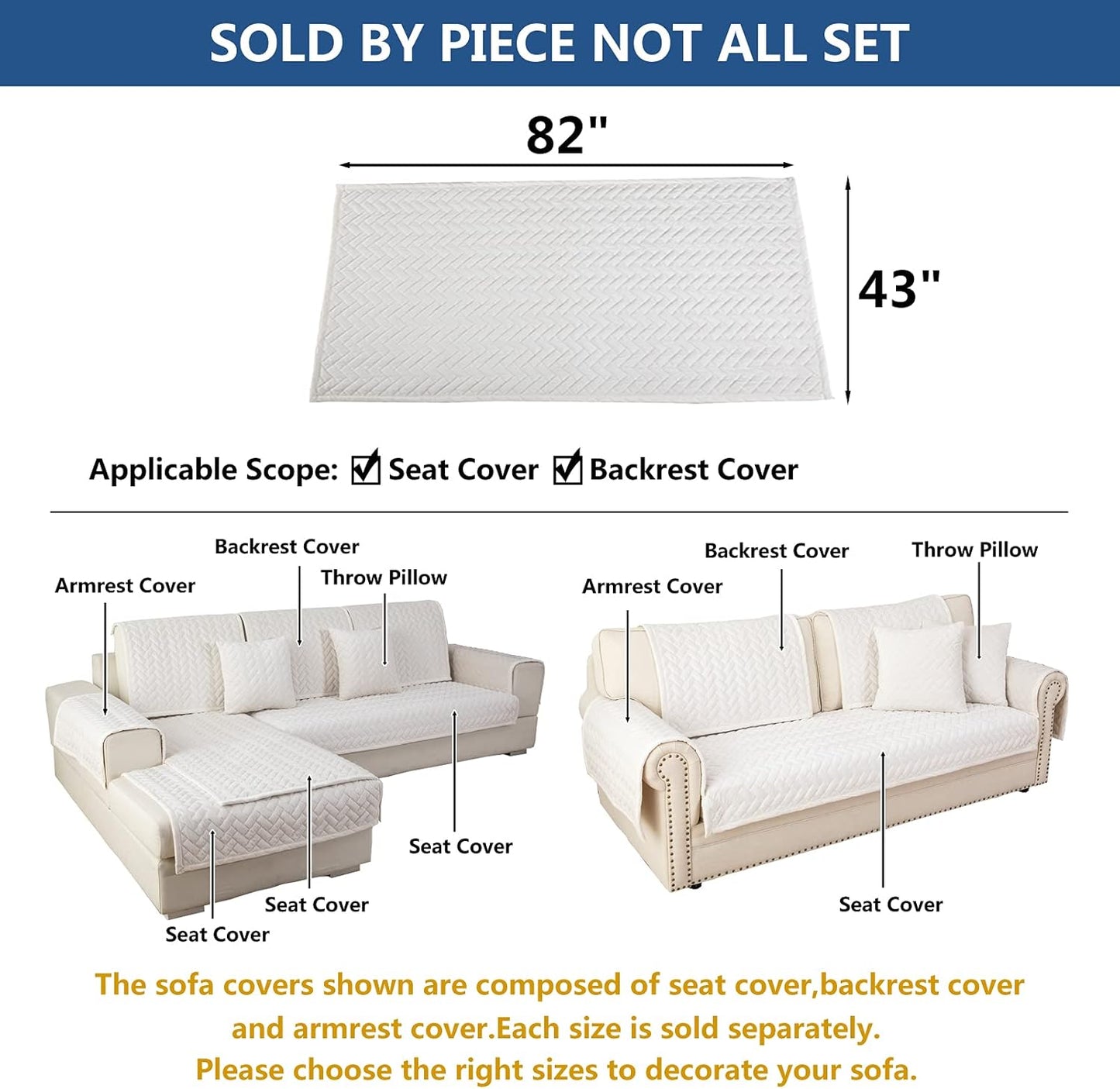 Eismodra Couch Cover,Sectional Couch Covers,Sofa Covers for 3 Cushion Couch,Anti-Slip Sofa Slipcovers for Dogs Cats Kids Loveseat Recliner L Shaped Armrest Backrest,White 43''x82''(Only 1 Piece)