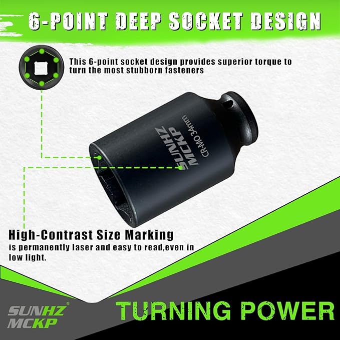 SUNHZMCKP 1/2 Inch Drive Impact Socket - Metric 34 mm Deep 6 Point CR-MO Axle Nut Impact Grade for Easy Removal