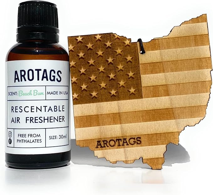 Arotags Car Air Freshener - Reusable Wood Diffuser - Hanging Odor Eliminator - Ohio Patriot - Beach Bum Scent