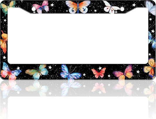 Beautiful Colorful Butterfly License Plate Frame Funny Watercolor License Plate Holder for Front or Rear Car Tags Stainless Steel Car Decoration with Screws 6.3 X 12.2 in