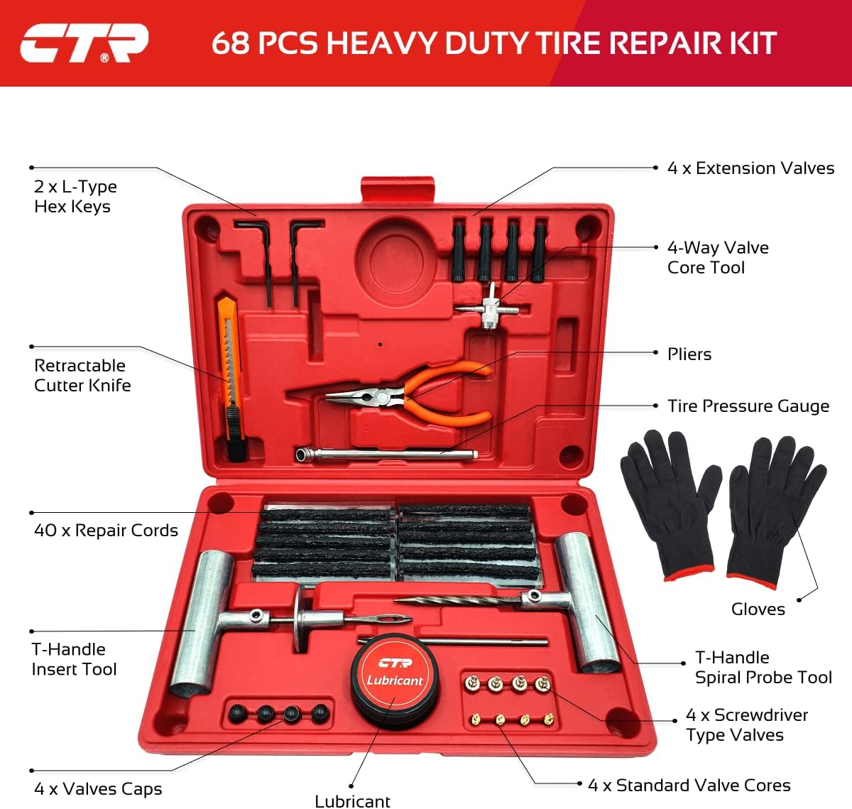 CTR Heavy Duty Tire Plug Kit - 68pcs All-in-One Universal Tire Repair Kit with Plugs, Professional Tools for Tubeless Tyre Flats for Cars, Truck, RV, SUV, ATV, Motorcycle, Tractor, Trailer - GE0001