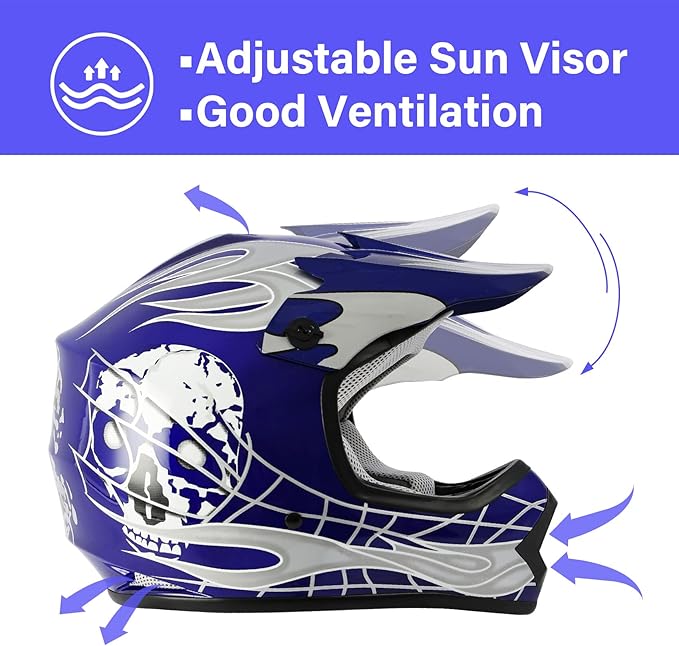 XFMT DOT Youth Kids Dirt Bike Helmet Full Face Motocross Helmets for Off-Road ATV Street Bike Four Wheeler Motorcycle with Goggles & Gloves, Blue Skull Small