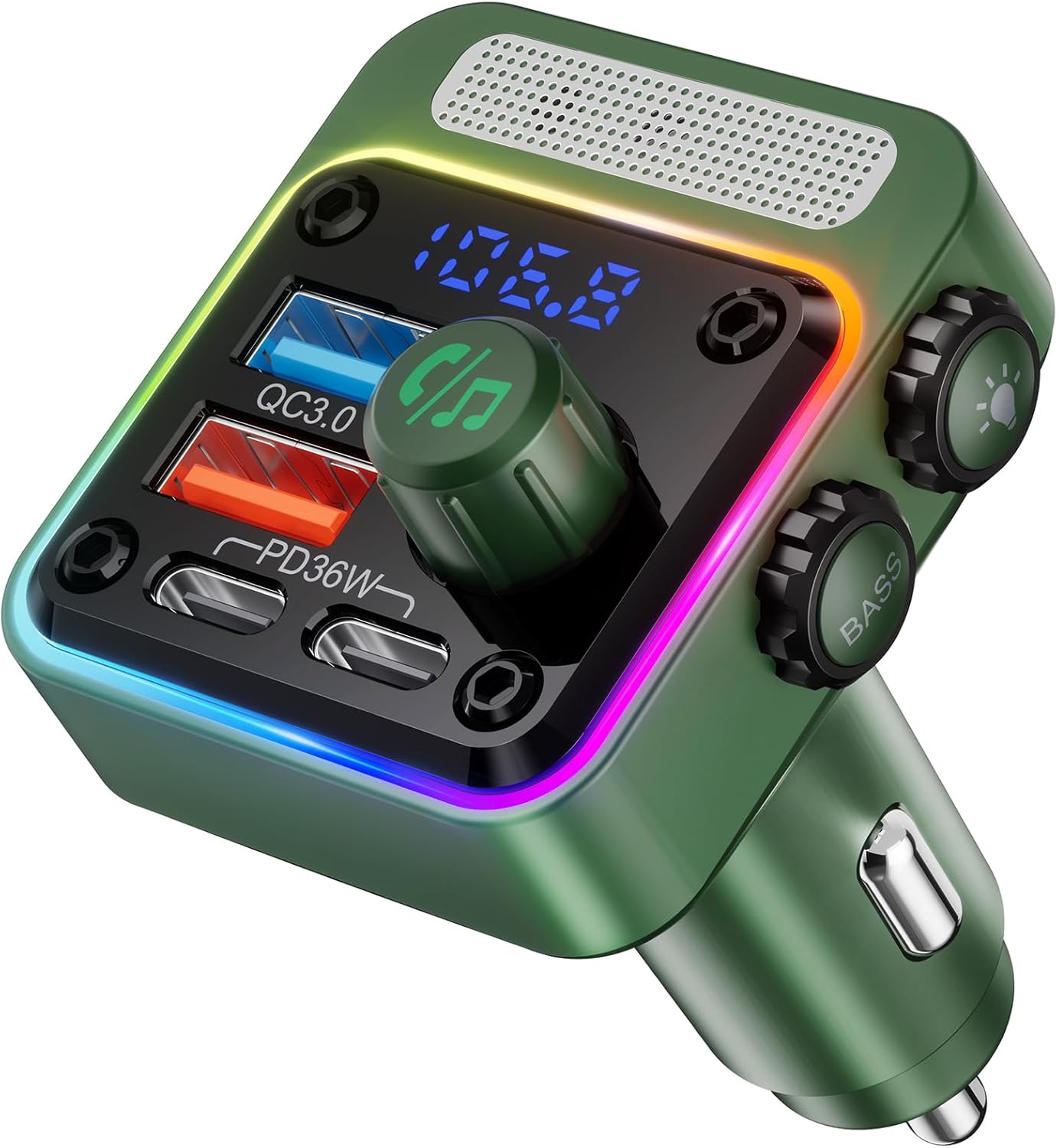 Nulaxy 54W Bluetooth 5.3 Car Adapter with 4 Charging Ports [PD 36W & QC3.0 18W], Wireless Radio FM Transmitter with Deep Bass Player & 5 Colors LED Backlit, Hands-Free Calling - Green