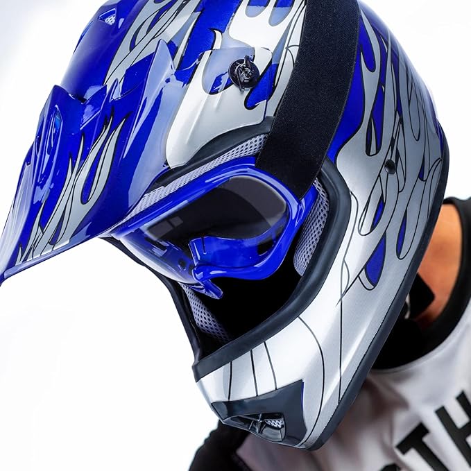 XFMT DOT Youth Kids Dirt Bike Helmet Full Face Motocross Helmets for Off-Road ATV Street Bike Four Wheeler Motorcycle with Goggles & Gloves, Blue Flame Small