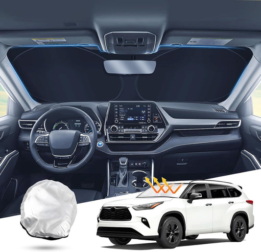 T TGBROS Windshield Sun Shade Custom Fit for 2020-2023 2024 2025 Toyota Highlander Accessories Foldable Sun Shield Reflective Polyester Sun Visor Cover Block Heat and Sun Protection