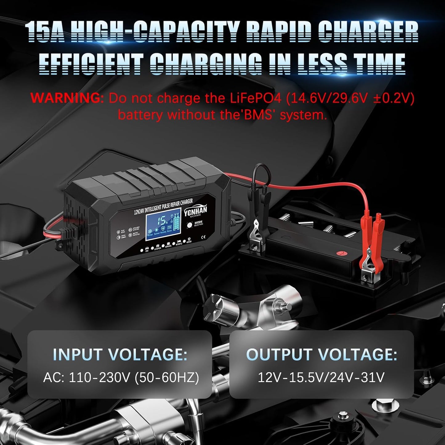 YONHAN 15-Amp Battery Charger LiFePO4 Trickle Car Battery Charger 12V 24V Fully-Automatic Smart Battery Chargers, Lead Acid Portable 9-Stage Smart Battery Maintainer with Temp Compensation(Black)