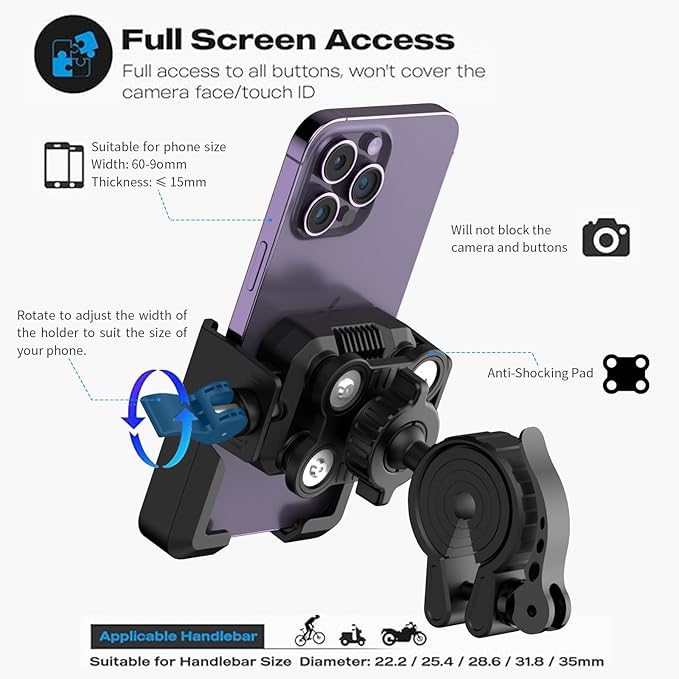 Motorcycle-Phone-Mount & Bike Phone Holder - Durable Phone Holder for Bike and Motorcycle, Bicycle Phone Mount, Fits All Smartphones (Black)