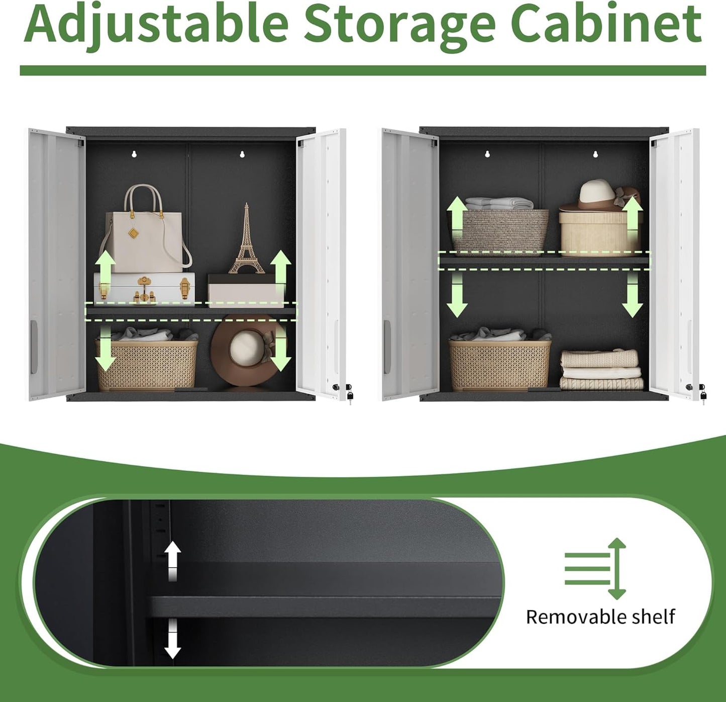 Metal Tool Cabinet,Garage Storage Cabinet System,Wall Cabinet & Locking Rolling Tool Cabinet with Doors and Adjustable Shelves,Steel Tool Cabinets for Home,Office (2 Pcs-StyleA, Black & Grey)