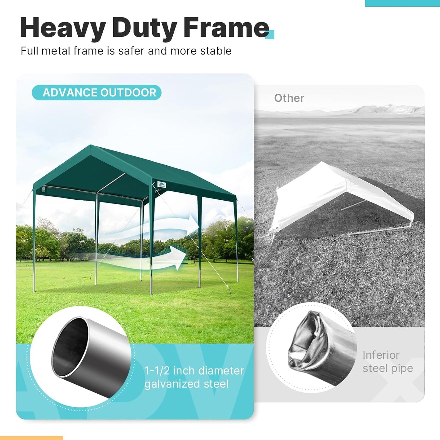 ADVANCE OUTDOOR Adjustable 10x20 ft Heavy Duty Carport Car Canopy Garage Boat Shelter Party Tent, Adjustable Height from 9.5 ft to 11 ft, Green