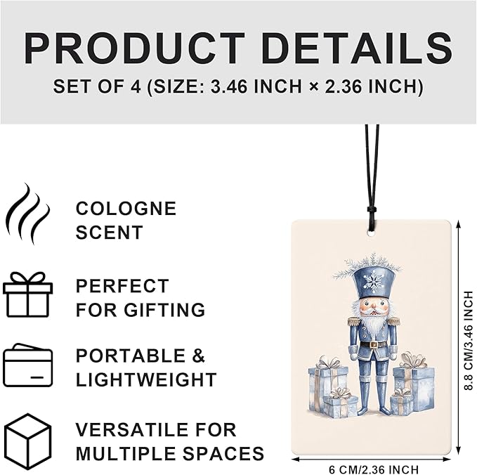 Blue Chinoiserie Christmas Car Air Freshener 4 Pcs, Coquette Christmas Tree Nutcracker Bauble Wreath Hanging Air Freshener for Cars Closet Drawer Books, Girly Blue Xmas Car Accessories for Women