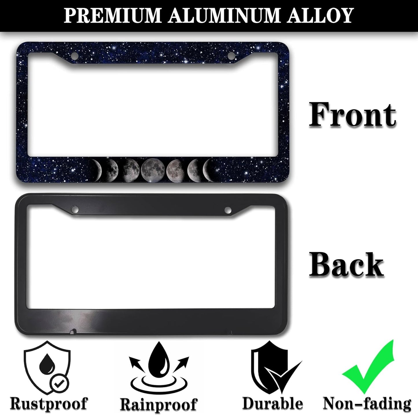 Automotive Exterior Accessories Black and White License Plate Frames Celestial Moon Phases Aluminum Metal Car Accessory 2 Pack with Screw Covers Set