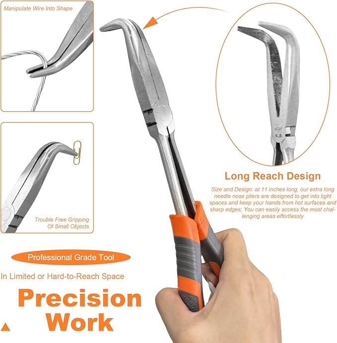 11 Inch Long Needle Nose Pliers - 1 Piece Set of Long Handle Pliers - 90° Curved Steel Designed for Machinists, Technicians and Contractors