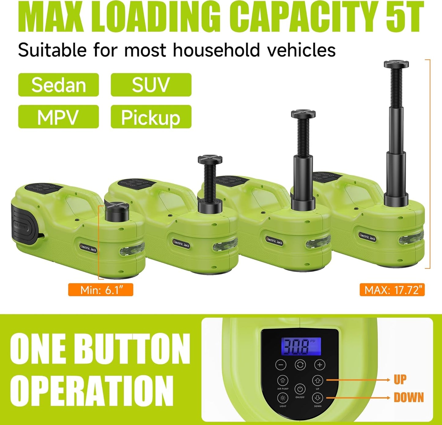 Electric Car Jack Kit 5T 12V Hydraulic Tire Jack with Double Cylinder Air Pump & LCD Touch Screen & Impact Wrench Portable Car Lift for Tire Changes and Roadside Emergencies