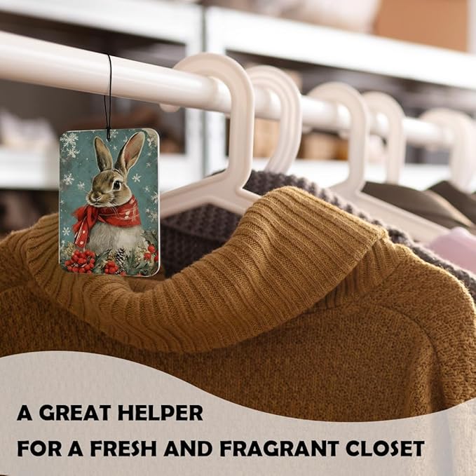 Winter Christmas Bunny Car Air Freshener 3 Pcs, Rustic Winter Holly Berries Rabbit Christmas Air Freshener Hanging Decor for Cars Closet Drawer Books Accessories Gifts