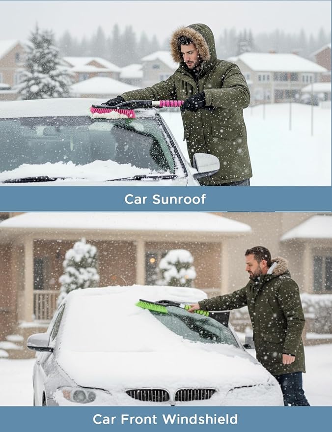 27" Car Snow Brush and Ice Scrapers for Car Windshield (2 Pack), Window Scraper with Ergonomic Foam Grip, Snow Removal for Car, Must Have Winter Car Accessories (Green and Pink)
