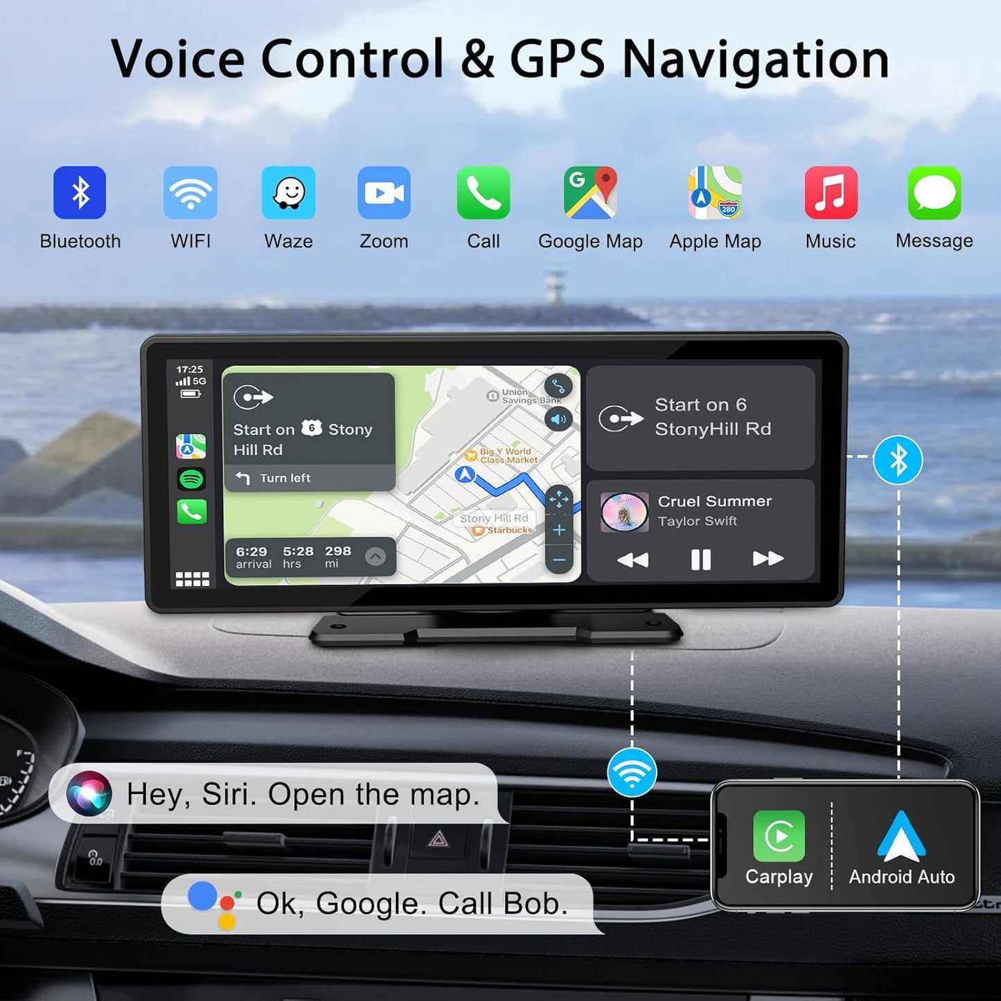 10.26" Wireless CarPlay Screen for Car,Wireless Apple CarPlay & Android Auto,Portable Car Stereo with GPS Navigation,Backup Camera,Bluetooth,Mirror Link,Drive Play,Touch Screen for All Vehicles