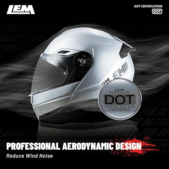 LEM Modular Motorcycle Helmets Fiberglass, Full Face Motorcycle Helmet Flip Up for Touring, DOT Certified, Release Sun Visor & Removable Comfort Liner, Lightweight Street Bike Helmet (Silver, S)