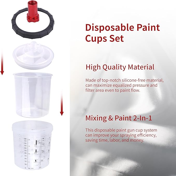 HVLP Spray Gun with 10Pcs 600ML Disposable Paint Cups, Automotive Gravity Feed Spray Gun Kit with 4 Nozzles,1.4/1.7/2.0/2.5mm, Sprayer Gun with Air Compressor Regulator for Auto Paint (RED)