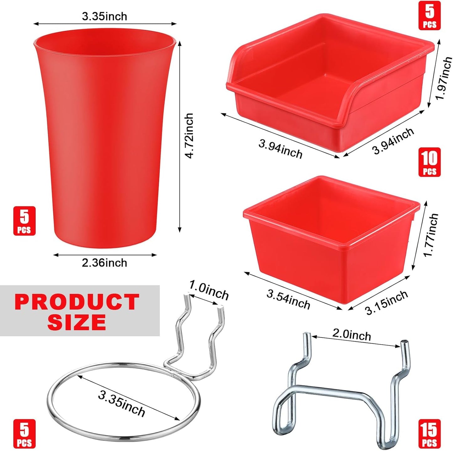 Yookeer 20 Pcs Pegboard Bins and Cups with Hooks and Loops Peg Assortment Organizer Accessories Various Tool Organizer Pegboard Baskets Set for Garage Workshop Workbench Office(Red)