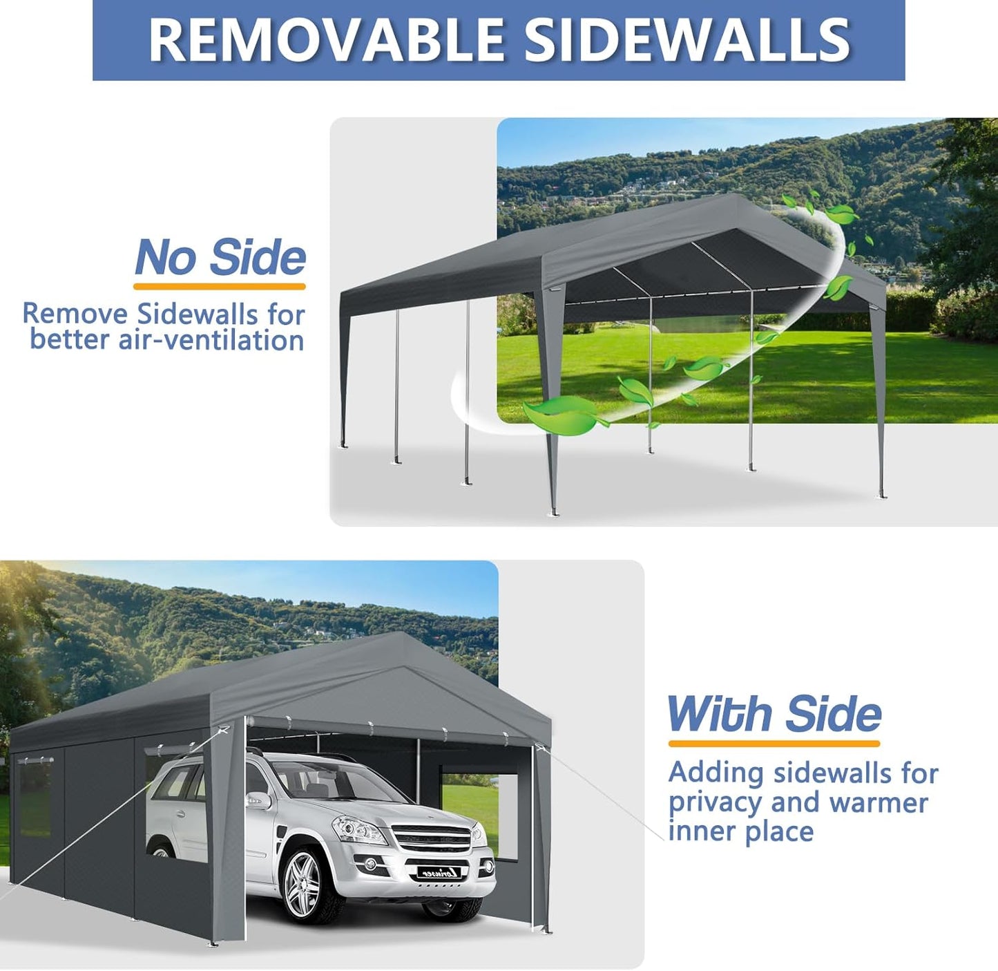 VINGLI 10x20 Carport Canopy Portable Garage with Roll-up Windows & Removable Sidewalls, Car Canopy Heavy Duty Car Tent for SUV, Boats, RVs, Trucks