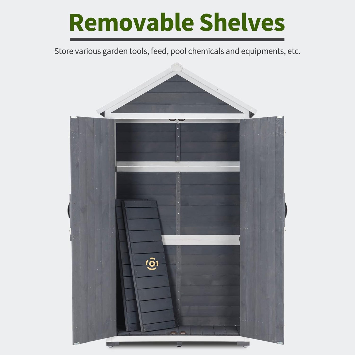 MCombo Outdoor Storage Cabinet with 2 Shelves, Outside Storage Shed with Floor, Wooden Garden Tool Shed with Latch for Yard Deck Lawn, 1000