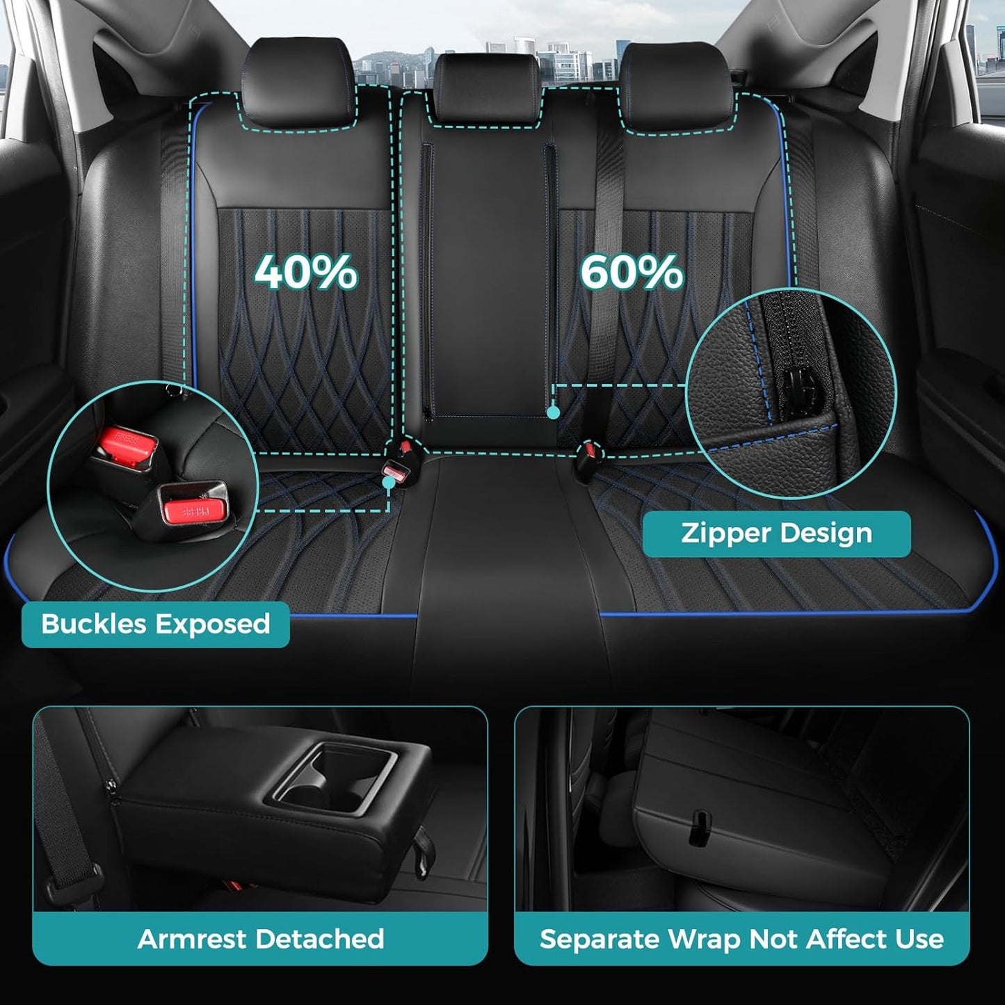 Seat Covers for Honda Civic Hatchback EX, Sport Touring, EXL 2016 2017 2018 2019 2020 2021, Faux Leather Car Seats Cover Full Set(Rear Row 40/60 Split & Folding Backrest)-BlackBlue