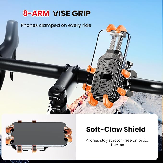 Motorcycle Phone Mount Holder with Vibration Dampener Anti-Shake 720° Adjustable for iPhone 16 Pro Max for Samsung 5.4''-6.9'' Phone Anti-Theft Dirt Bikes(Clamp Base 0.47-1.77" Handlebar)