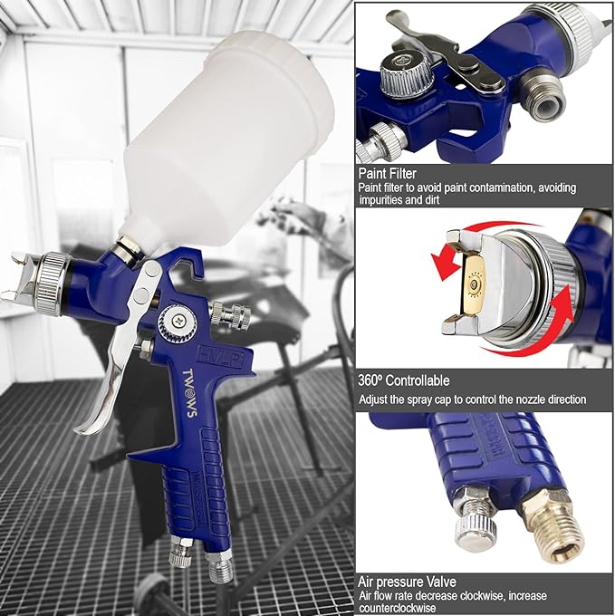 TWOWS HVLP Air Spray Gun with 1.4mm Nozzle, Air Valve Regulator & 600ml Capacity Cup, Gravity, Paint Gun H827 Professional for Automotive, House Painting, Furniture, Wall Painting