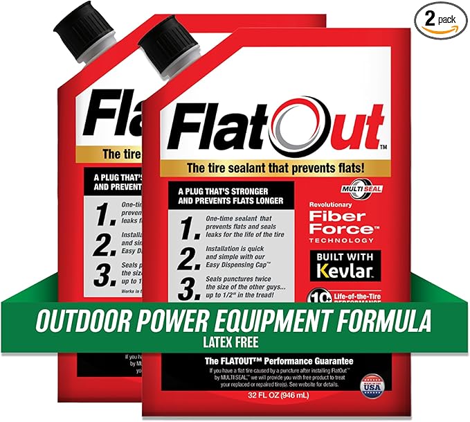 FlatOut Off Road Tire Sealant, Outdoor Power Equipment Formula, Prevents Flat Tires, Fix a Flat Tire, Seals Leaks, Contains Kevlar, 32 Ounce Bag, 2-Pack