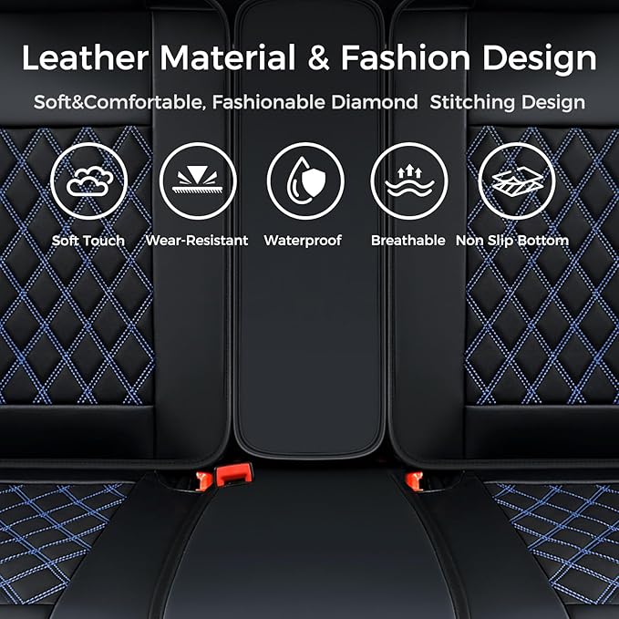 Huidasource Car Back Seat Cover, Leather Anti Slip Automotive Rear Seat Cover Protector, Back Seat Car Cover Velcro Adjustable Universal Fit for Most Cars Sedan SUV Pickup Truck (Back Row/Black&Blue)