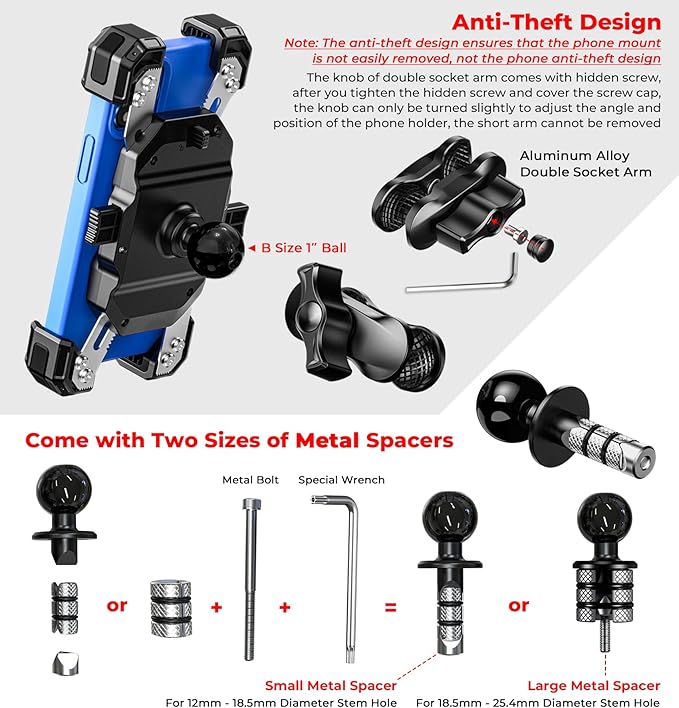 Motorcycle Fork Stem Phone Mount, 1s Auto Lock & Release, Anti-Theft Motorcycle Phone Holder with Aluminum Alloy 1" Ball Short Arm, for 12-25.4mm Diameter Fork Stems, for 5.4"-7" Cellphones