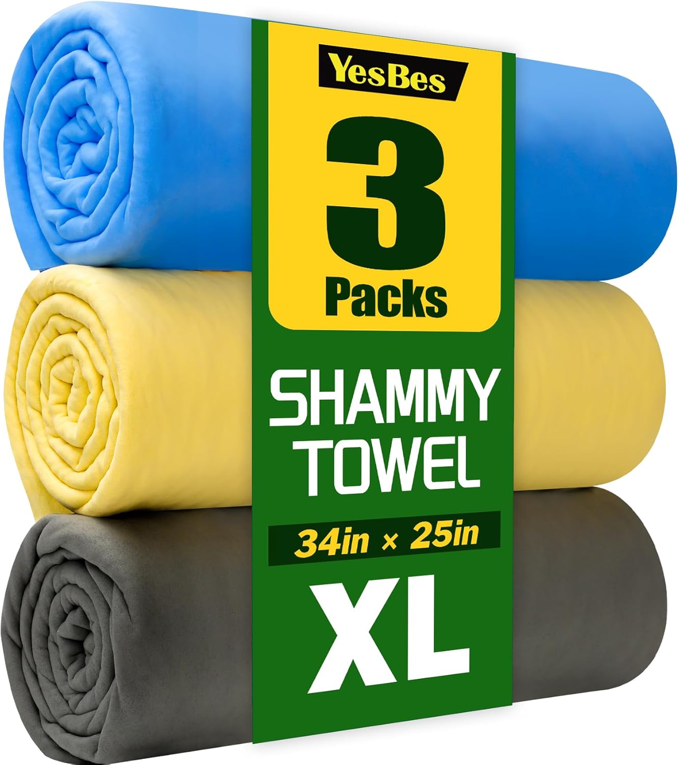 3 Pack Premium XL Shammy Cloth for Car Drying, 34”x25” Chamois Towel for Car, Super Absorbent Shammy Towel for Car, Reusable Soft Car Drying Towels