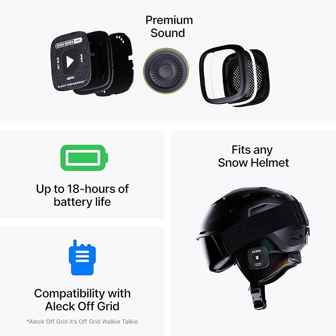 ALECK Snow Series Pro Universal Wireless Bluetooth Helmet Speakers Headphones for Ski and Snowboard Audio-Ready Helmets, Glove Friendly Controls, Microphone Headset for Hands-Free Calls